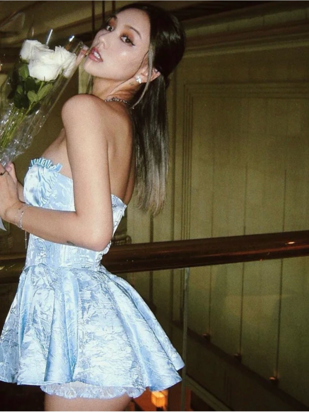 Nana Jacqueline Light Blue Floral Jacquard Mini Dress